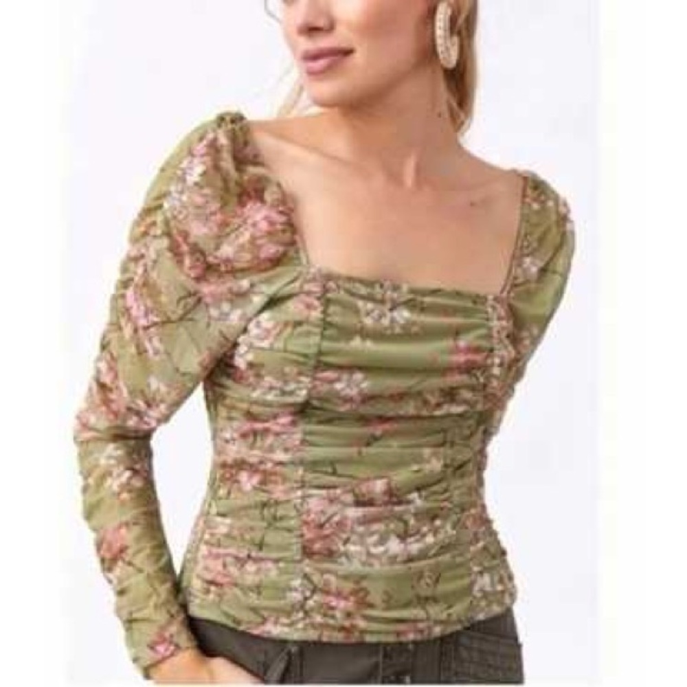 Maeve Anthropologie Floral Ruched Tulle Top